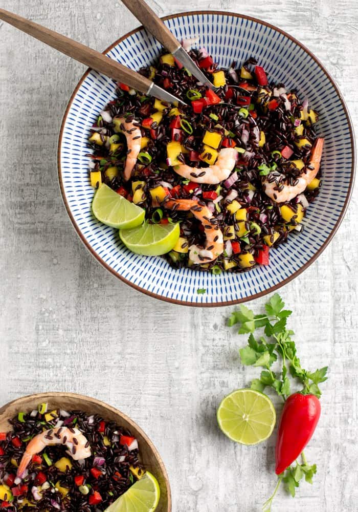 Vibrant Black Rice Salad with Shrimp and Mango Salsa