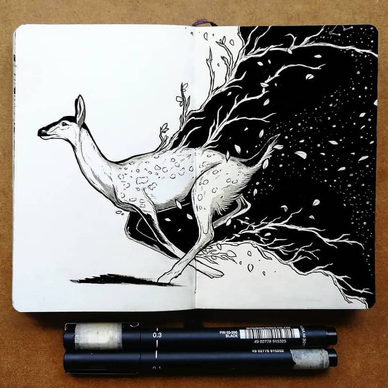 Mystical Creature Sketches Merged With Celestial Nightscapes